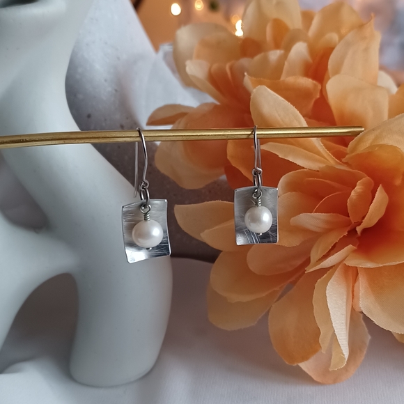 Geometric Earrings with Dangling Pearl - Picture 1 of 14